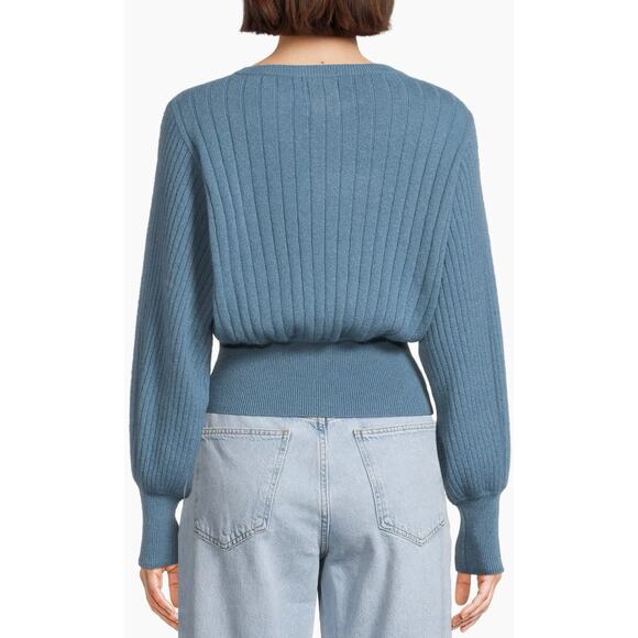 Crush. Cashmere Prague Blue Balloon Sleeve Ribbed Cashmere Sweater 1 S - Picture 3 of 11